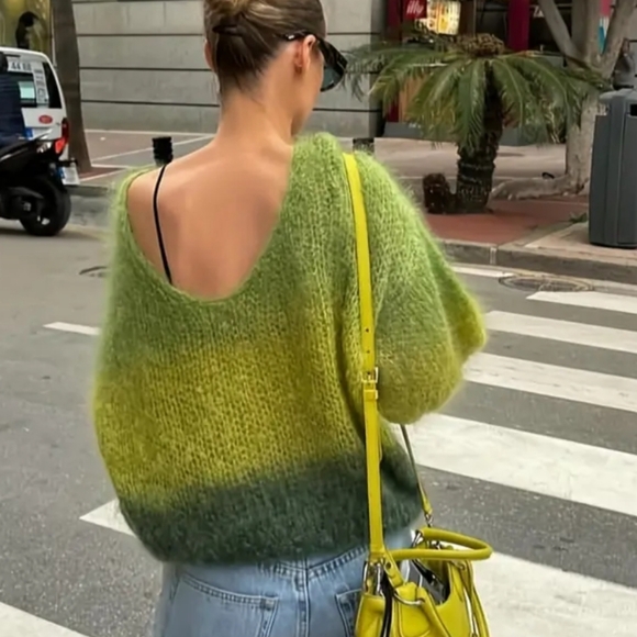 Sweaters - Elegant French-Inspired Women's Ombre V-Neck Sweater | Backless Design, Green